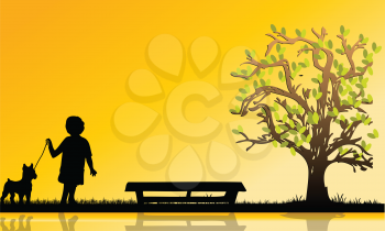 Royalty Free Clipart Image of a Silhouetted Girl and Animal in a Park