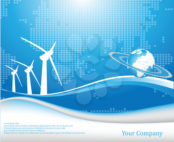 Royalty Free Clipart Image of a Blue Background With the Globe and Wind Turbines