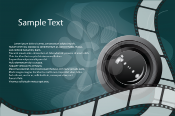 Royalty Free Clipart Image of a Background With a Filmstrip and Camera Lens