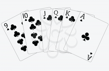 Royalty Free Clipart Image of Playing Cards in Clubs