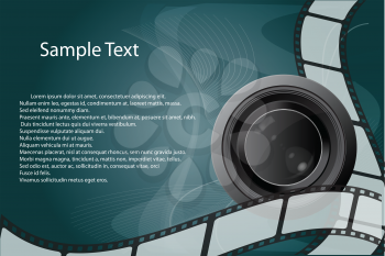 Royalty Free Clipart Image of a Background With Camera Lens and Film Strip