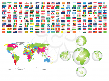 Royalty Free Clipart Image of World Flags, Globes and a Map