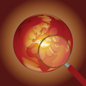 Royalty Free Clipart Image of a Globe and Magnifying Glass