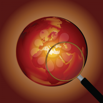 Royalty Free Clipart Image of a Globe With a Magnifying Glass