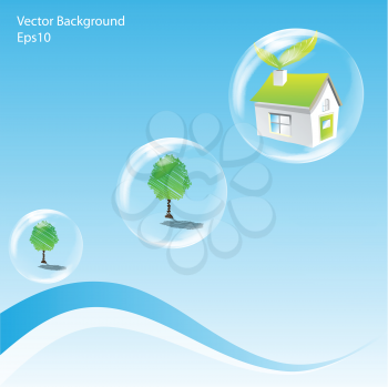 Royalty Free Clipart Image of a House and Trees in Bubbles