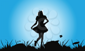 Royalty Free Clipart Image of a Girl Silhouette Against Blue
