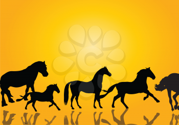 Royalty Free Clipart Image of Horse Silhouettes on Yellow