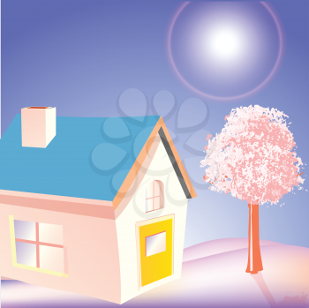 Royalty Free Clipart Image of a Pink House and Tree on Purple
