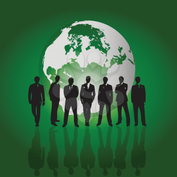 Royalty Free Clipart Image of Silhouetted Men in Front of a Green and White Globe