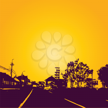 Royalty Free Clipart Image of a Silhouette of a Town Against a Gold Sky