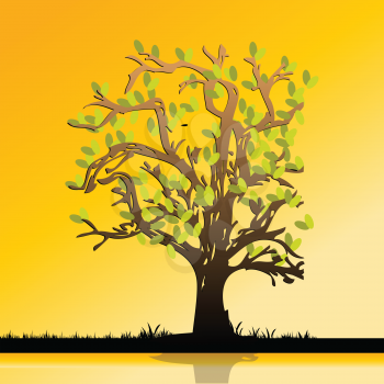 Royalty Free Clipart Image of a Tree Against a Bright Yellow Background