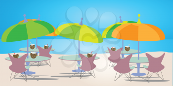 Royalty Free Clipart Image of Patio Sets and Umbrellas at the Beach