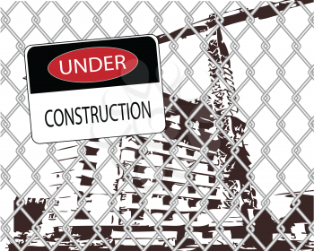 Royalty Free Clipart Image of a Construction Zone Behind a Wire Fence