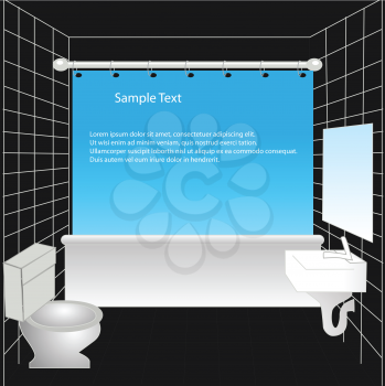 Royalty Free Clipart Image of a Bathroom With a Blue Shower Curtain