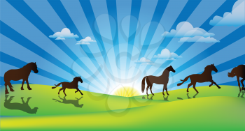 Royalty Free Clipart Image of Silhouetted Horse in Front of the Rising Sun