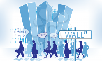 Royalty Free Clipart Image of Business Silhouettes on Wall Street