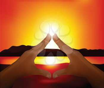 Royalty Free Clipart Image of a Sun Setting Landscape With Hands