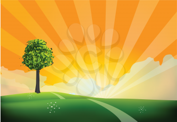 Royalty Free Clipart Image of a Sun Setting Landscape