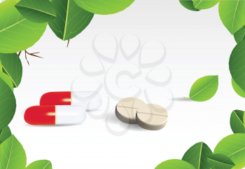 Royalty Free Clipart Image of Pills and Leaves