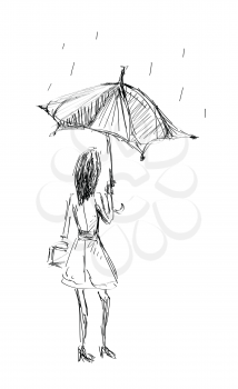 Girl Holding Umbrella Sketch Hand Draw 