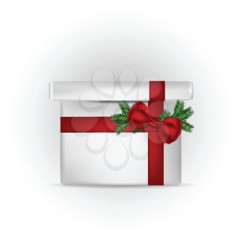  Illustration of gift box with red bow and pine tree branch 