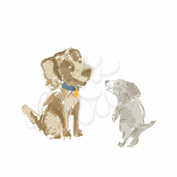  Illustration of two cartoon dog, hand drawn sketch 