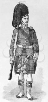Royalty Free Photo of a Sergeant of the 1st Battalion of the Argyle and Sutherland Highlanders in review order on engraving published by the Graphic in 1894.