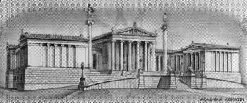Royalty Free Photo of Academy of Athens on 100 Drachmai 1967 banknote from Greece. It is the national academy of Greece, and the highest research establishment in the country. The Academy's main build