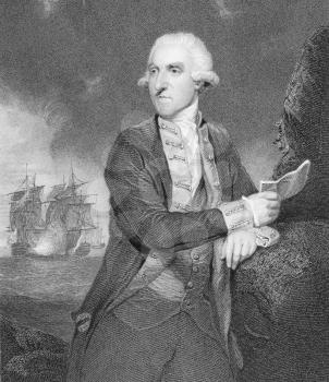 Royalty Free Photo of Admiral Samuel Hood, 1st Viscount Hood (1724-1816) on engraving from the 1800s. British Admiral best known for his participation  in the American War of Independence and French R