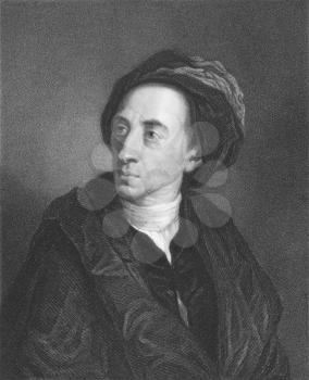 Royalty Free Photo of Alexander Pope (1688-1744) on engraving from the 1800s. English poet best known for his satirical verse and translation of Homer. Engraved by J. Pofselwhite and published in Lond