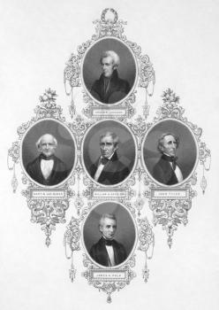 Royalty Free Photo of American presidents from 1829 to 1849 on engraving from the 1800s. Published by the London printing and publishing company limited.