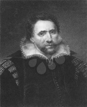 Royalty Free Photo of Ben Jonson (1572-1637) on engraving from the 1800s. English renaissance dramatist, poet and actor. Engraved by E. Scriven and published in London by Charles Knight, Ludgate Stree