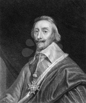 Cardinal Richelieu (1585-1642) on engraving from the 1800s. French clergyman, noble, and statesman. Engraved by T.Woolnoth and published in London by Charles Knight, Pall Mall East.