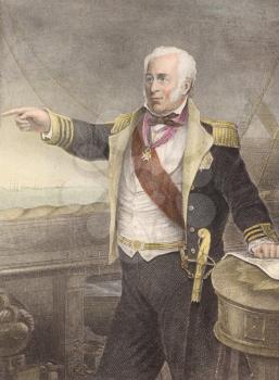 Royalty Free Photo of Charles John Napier (1786-1860) on hand colored engraving from the 1800s. Scottish naval officer whose sixty years in the Royal Navy included service in the Napoleonic Wars, Syri