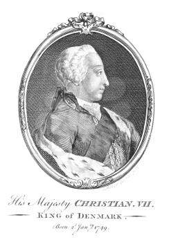 Royalty Free Photo of Christian VII (1749-1808) on engraving from the 1700s. King of Denmark and Norway during 1766-1808.