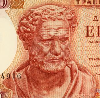 Royalty Free Photo of Democritus on 100 Drachmai 1967 Banknote from Greece. Ancient Greek philosopher. The most influental before the socratic era. His atomic theory may be regarded as the culmination