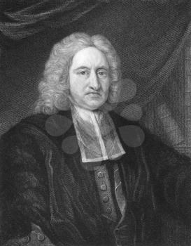 Royalty Free Photo of Edmond Halley (1656-1742) on engraving from the 1800s. English astronomer, mathematician, physicist, geophysicist and meteorologist, best known for computing the orbit of Haley's