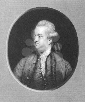 Royalty Free Photo of Edward Gibbon (1737-1794) on engraving from the 1800s. English historian and Member of Parliament. Engraved by W.Holl after a picture by J.Reynolds and published in London by Cha