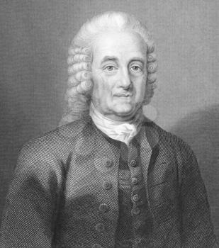 Royalty Free Photo of Emanuel Swedenborg (1688-1772) on engraving from the 1700s. Swedish scientist, inventor, philosopher, Christian mystic and theologian. Engraved by W.Holl and published in London 
