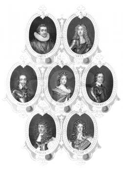 Royalty Free Photo of English Kings and Queens portraits on engraving from the 1800s