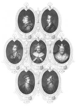 Royalty Free Photo of English Kings portraits on engraving from the 1800s. Published by the London Printing and Publishing Company.