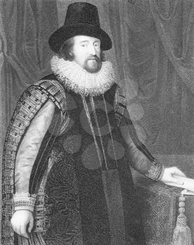 Royalty Free Photo of Francis Bacon (1561-1626) on engraving from the 1800s. English philosopher, statesman, lawyer, jurist, author and scientist. Engraved by J.Cochran from a picture by Van Somer and