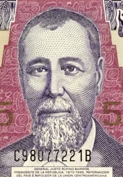 Royalty Free Photo of General Justo Rufino Barrios on 5 Quetzal 2006 Banknote from Guatemala. President with liberal reforms and attempts to reunite central America.