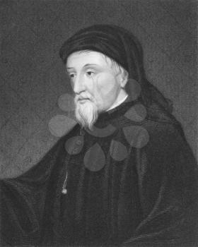 Royalty Free Photo of Geoffrey Chaucer (1343-1400) on engraving from the 1800s. English author, poet, philosopher, bureaucrat, courtier and diplomat. Engraved by J. Thomson and published in London by 