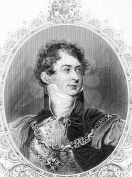 Royalty Free Photo of George IV (1762-1830) on engraving from the 1800s. King of Great Britain during 1820-1830. Engraved from a painting by T.Lawerence.
