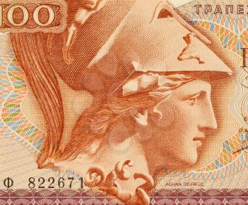 Royalty Free Photo of Goddess Athena on 100 Drachmai 1978 Banknote from Greece. The goddess of wisdom, peace, warfare, strategy, handicrafts and reason, shrewd companion of heroes and of heroic endeav