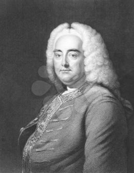 Royalty Free Photo of George Frederic Handel (1685-1759) on engraving from the 1800s. German Baroque composer best known for his operas, oratorios and concertos