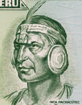 Royalty Free Photo of Inca Pachacuti on 10 Soles De Oro 1974 Banknote from Peru. 9th ninth sapa Inca (1438-1472) of the Kingdom of Cusco who began an era of conquest that, within three generations exp