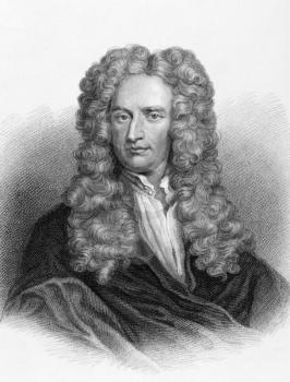 Royalty Free Photo of Isaac Newton (1643-1727) on engraving from the 1800s. One of the most influential scientists in history. Engraved by Freeman from the original painting by Sir Godfrey Kneller and