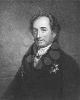 Royalty Free Photo of Johann Wolfgang von Goethe (1749-1832) on engraving from the 1800s. German writer and polymath. Engraved by J. Pofselwhite and published in London by Charles Knight, Ludgate Stre